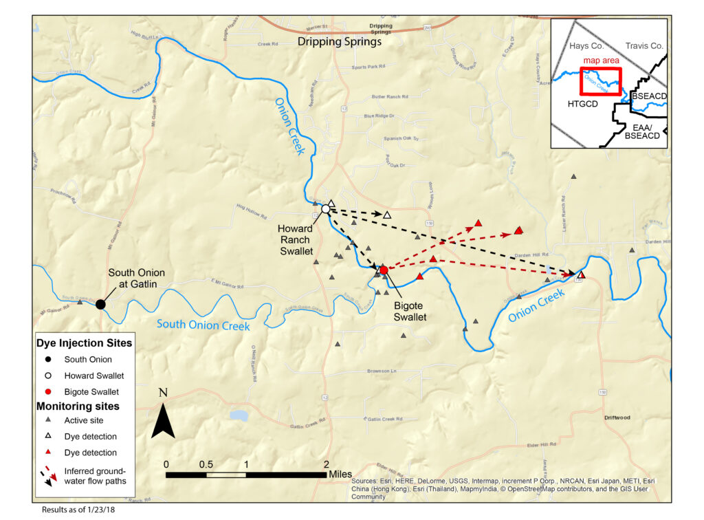 Figure 3. Map of dye trace injection and monitoring sites with preliminary results. (Updated Jan 23, 2018)