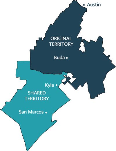 Outline of a map showing the boundaries of the District from south Austin to south San Marcos